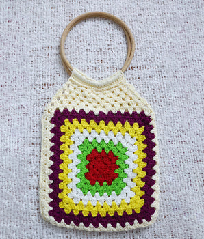 Granny Square Bamboo Ring Bag - White