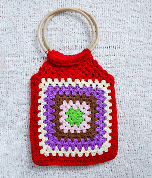 Granny Square Bamboo Ring Bag - Red