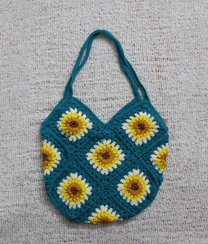 Sunflower Granny square Crochet bag - Blue colour. (with half white)