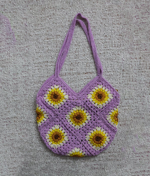 Sunflower Granny square Crochet bag - Onion Pink colour. (with half white)