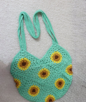 Sunflower Granny Square Crochet bag - Pista Green Colour. (with half white)